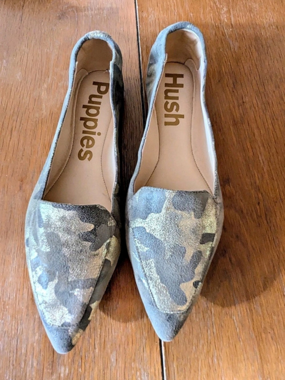 Hush Puppies Pointed-Toe Camo Flats in Gray & Gold  New No Tags Women's 11